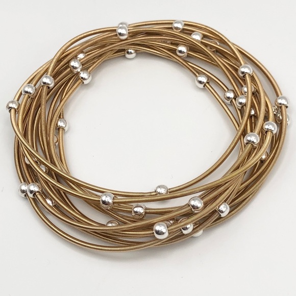 NEW PIANO WIRE 12 STACK GOLD SILVER BRACELET SET - Picture 3 of 4